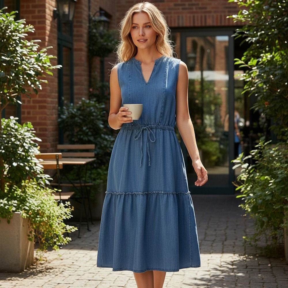 Lands' End Dress Women XXL Blue Lyocell Tiered Sleeveless Drawstring Midi Boho